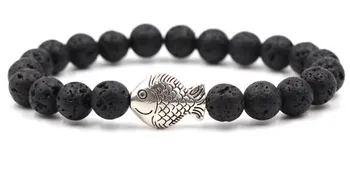 8 mm hfg loptu elastické vlákno upravené prírody čierny kameň sopečnej lávy perličiek Kovové ryby Náramok Reiki Čakra Módne Šperky